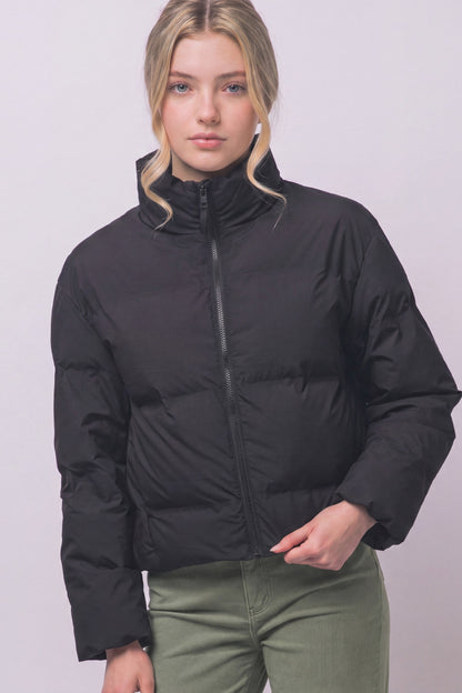 Black Funnel-Neck Puffer Jacket