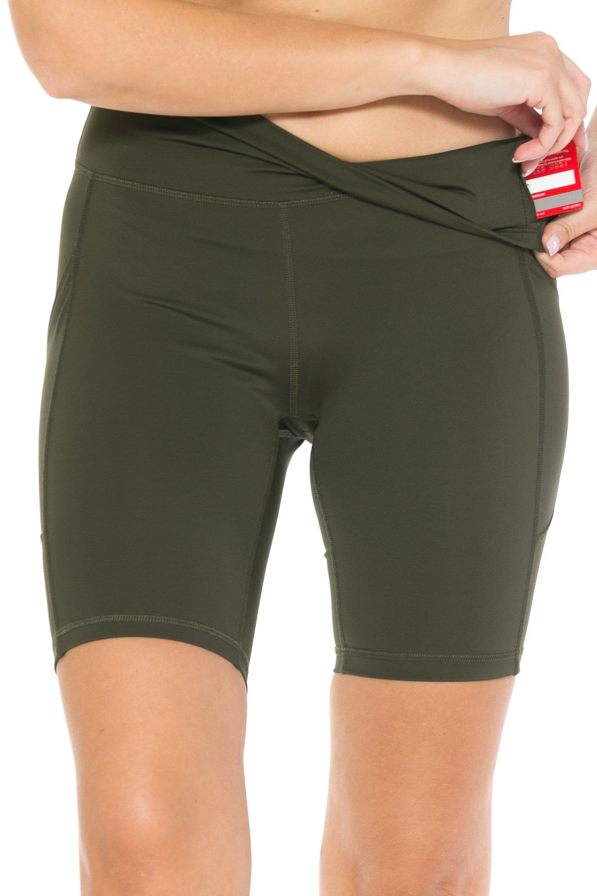 Nylon Solid Active Bike Shorts with Side Pockets - Olive