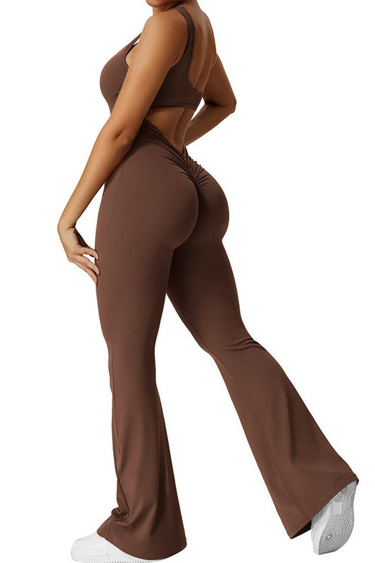 Sleeveless Flare Jumpsuit – Backless, Sculpting & Seamless Yoga Romper