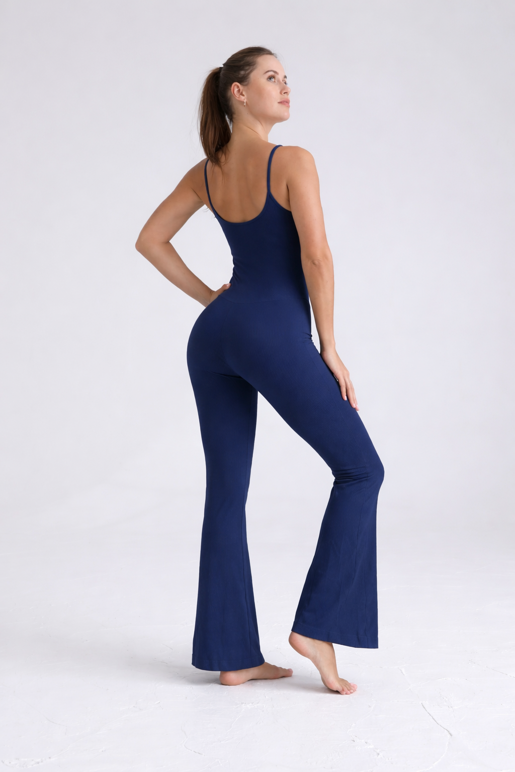 Ribbed Adjustable Spaghetti Strap Flare Jumpsuit