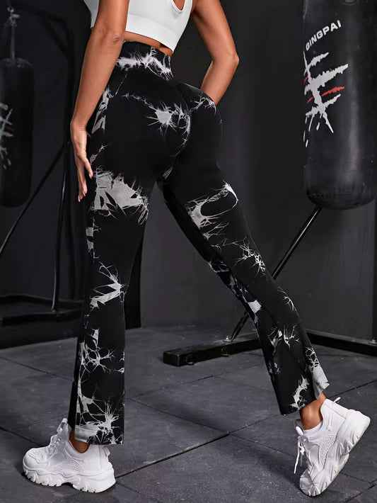 Seamless Tie Dye Flared Leggings for Women – High Waisted High Elastic Tummy Control Gym & Yoga Bell Bottom Pants