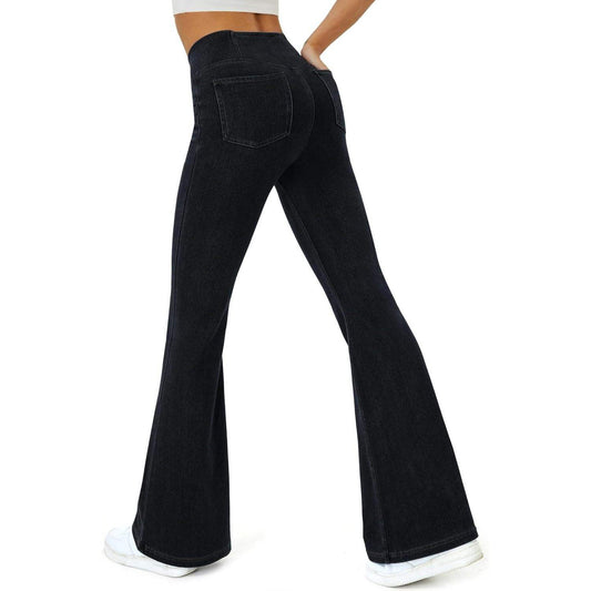 Cross Waist Flare Yoga Pants for Women – High Waisted Fitness Leggings with Double Pockets