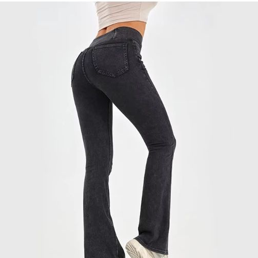 Cross Waist Flare Yoga Pants for Women – High Waisted Fitness Leggings with Double Pockets